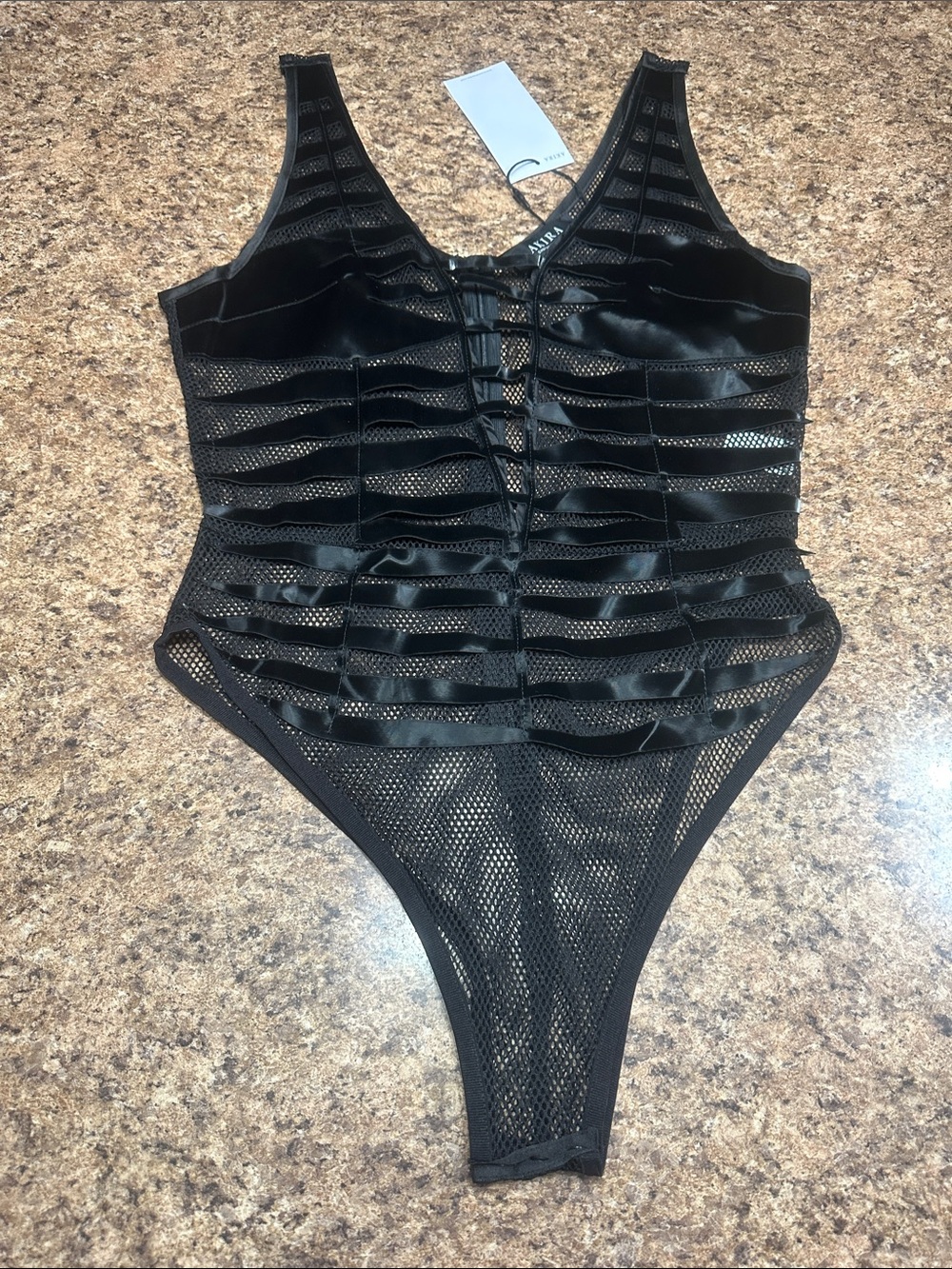 NWT Akira Black One-Piece Mesh & Faux Leather Bodysuit Large